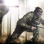 A paintball team in action.