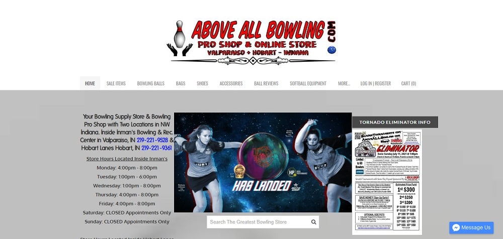 A screenshot of the AboveAllBowling.com online store homepage.