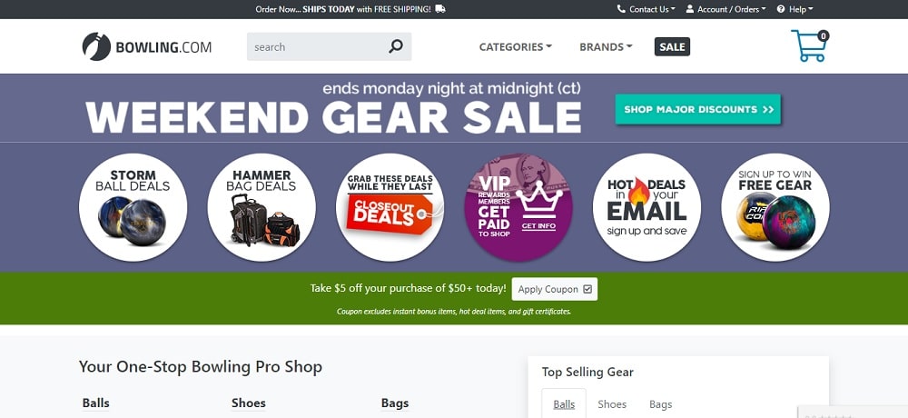 A screenshot of the Bowling.com online store homepage.