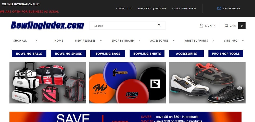A screenshot of the BowlingIndex.com online store homepage.