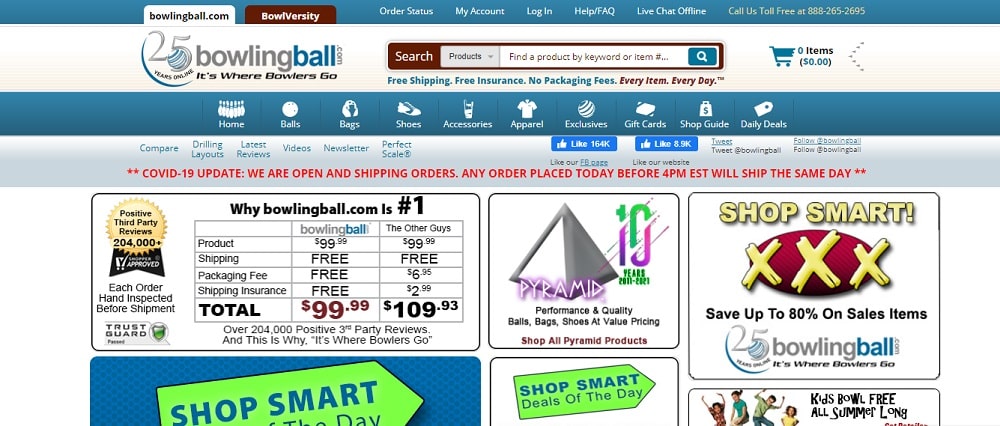 A screenshot of the BowlingBall.com online store homepage.