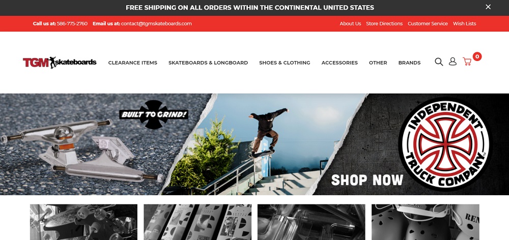 A screenshot of the TGM Skateboards online store homepage.