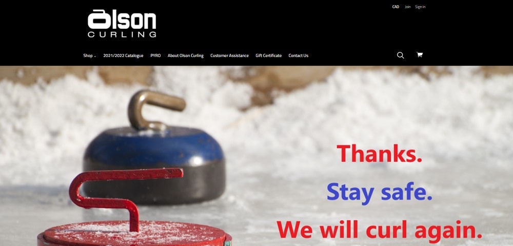A screenshot of the Olson Curling online store homepage.